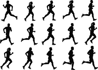 Running silhouettes, jogging people, fitness vector art, runners illustration, workout design, athlete icons, sports figures, exercise silhouettes, training vector collection.