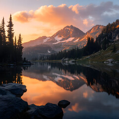 AI Cinematic Mountain Lake Reflection At Sunrise Technology Background