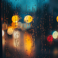 AI Cinematic Rainy Window Macro Shot Soft Bokeh Lights Technology Background