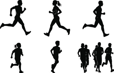Running silhouettes, jogging people, fitness runners, athletic training, outdoor exercise, black silhouette athletes, healthy lifestyle, sports activity, running motion, workout illustration.