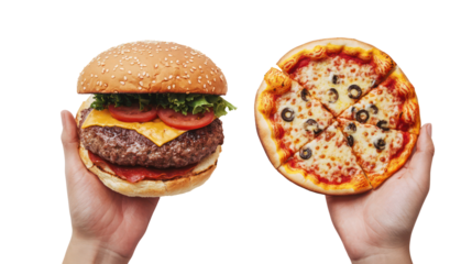 Hands holding a large double cheeseburger and a whole pepperoni pizza isolated on transparent background