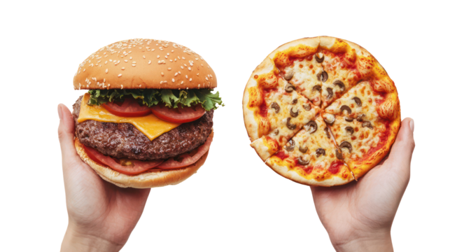 Hands holding a large hamburger and a pizza isolated on transparent background