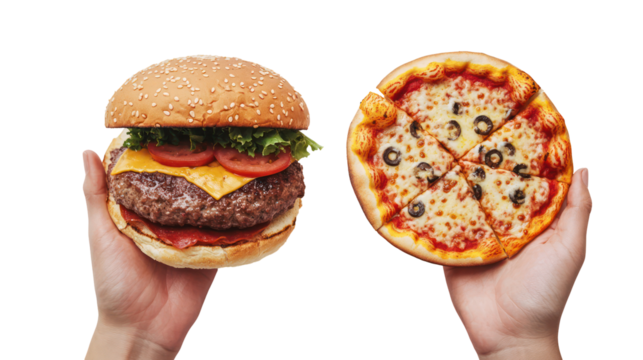 Hands holding a large double cheeseburger and a whole pepperoni pizza isolated on transparent background