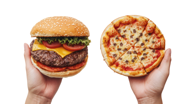 Hands holding a large burger and a small pizza isolated on transparent background