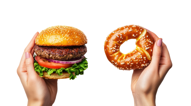 Hands holding a gourmet burger and a pretzel isolated on transparent background
