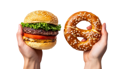 Hands holding a large juicy hamburger and a salted pretzel isolated on transparent background