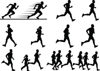 Running silhouettes, jogging people, marathon athletes in motion, fitness training concept, health exercise lifestyle, outdoor sport runners, active living concept, speed