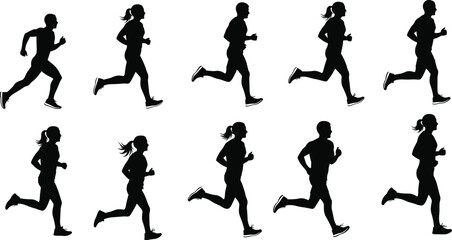 Running silhouettes, male and female joggers, athletic fitness exercise, jogging motion vector, healthy lifestyle concept, sports training illustration design