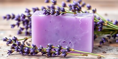 Lavender-infused soap bar, purple hues, natural ingredients, relaxation, essential oil