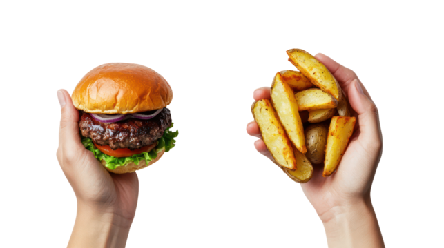 Hands holding a hamburger and french fries isolated on transparent background