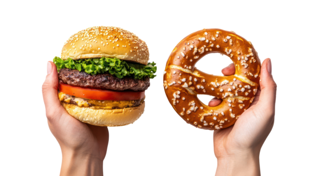 Hands holding a large juicy hamburger and a salted pretzel isolated on transparent background