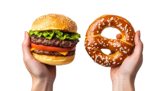 Two hands holding a large double cheeseburger and a pretzel isolated on transparent background