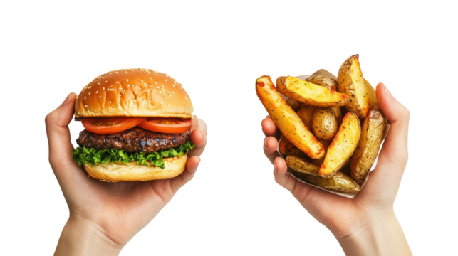 Hands holding a hamburger and potato wedges isolated on transparent background - Powered by Adobe