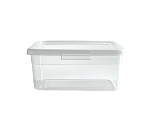 Clear plastic rectangular storage container with a white lid