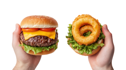 Two hands holding cheeseburger and onion rings side by side on transparent background