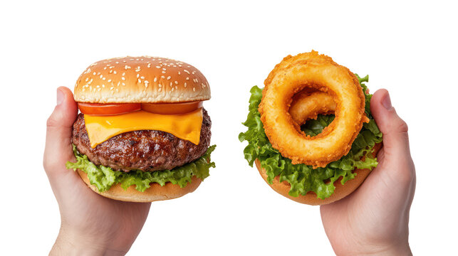 Two hands holding cheeseburger and onion rings side by side on transparent background