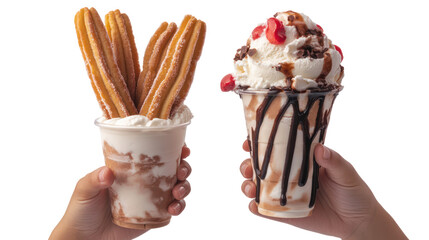 Two hands holding churros and ice cream sundae side by side on transparent background