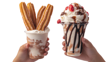 Two hands holding churros and ice cream sundae side by side on transparent background