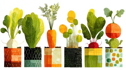 Colorful vegetable illustrations in pots