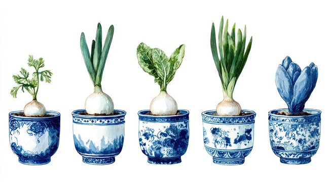 Watercolor illustration of sprouting bulbs in blue & white pots