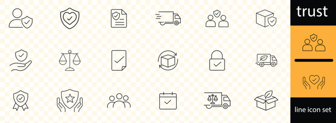 trust line icons set with editable stroke, featuring responsibility, reliable, commitment, unity, trust, consistency, friend, trusted, truth, loyalty, belief, swea.
