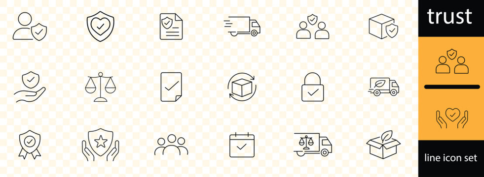 trust line icons set with editable stroke, featuring responsibility, reliable, commitment, unity, trust, consistency, friend, trusted, truth, loyalty, belief, swea.