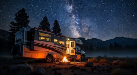 Nighttime Camping Scene with RV Under Starry Sky and Milky Way in Mountain Area