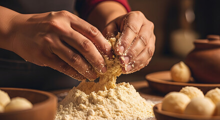 Close-Up of Hands Mixing Flour and Batter: Authentic Food Preparation and Cooking Process