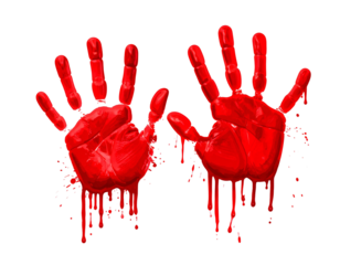 Dripping red handprints against a stark black background