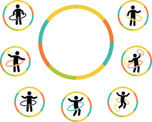 Hula hoop exercise icons, fitness, fun activity, colorful circle design, movement, wellness, coordination, sport, active lifestyle vector illustration