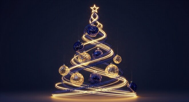An abstract spiral Christmas tree of glowing gold lights and blue ribbons with elegant ornaments. This magical, festive scene is ideal for holiday cards, event invites, or modern winter decor.