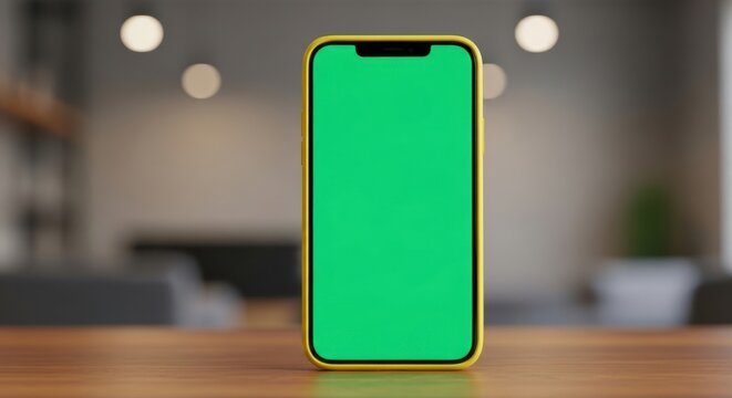 Smartphone Green Screen Desktop: Blank Green Screen Smartphone with Yellow Casing Standing Upright on a Wooden Desk in a Blurred Office Background for App Mockup and Digital Content