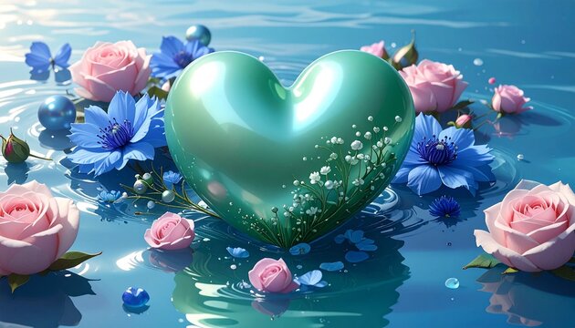 Zielone, błyszczące serce o gładkiej perłowej strukturze jako symbol miłości widoczne w kwiatach