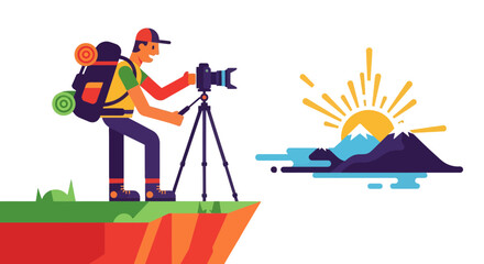 Adventurous Photographer Capturing Landscapes At Sunset On Mountain Peaks In Vector Style