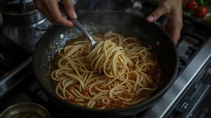 Delicious spaghetti with tomato sauce being stirred in a pan for a quick and easy meal, a culinary experience at home, perfect for food bloggers