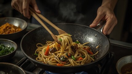 Chef stirring delicious hot pasta in a wok with wooden tongs, cooking culinary masterpiece for gourmet restaurant menu and food blog, delicious meal
