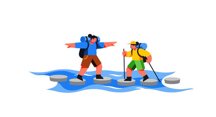 Adventurous Travelers Trekking Across Water Obstacle Illustrative Vector Graphic Design
