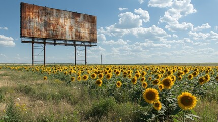 Rusty billboard in sunflower field