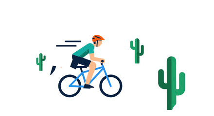 Naklejka premium Bicyclist Adventure In The Desert Illustration With Cacti And Dramatic Dark Background