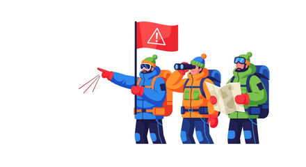 Fototapeta premium Alerted Group Of Explorers Navigating Through Mountainous Terrain With Caution