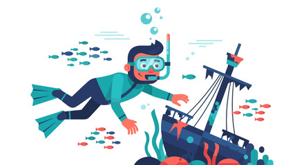 Animated Diver Exploring Sunken Ship near Colorful Fish Swimming with Bubbles