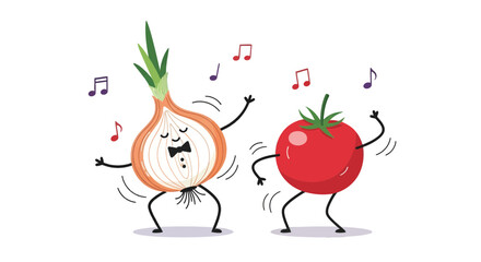 Animated Onion And Tomato Dancing With Musical Notes On Black Background