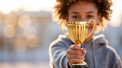 close-up of a happy boy proudly holding a golden trophy in the sunlight