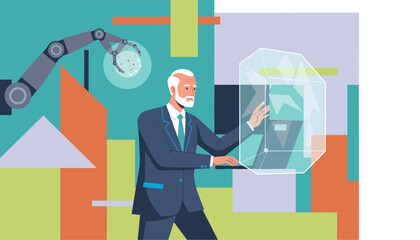 Businessman analyzing data cube interface with robotic arm in an abstract futuristic setting