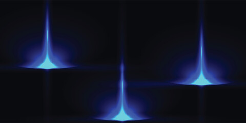 Abstract digital illustration of three vertical blue energy beams on a black background.