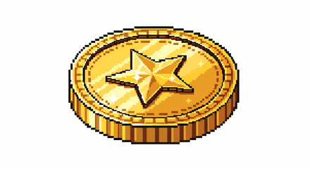 Fototapeta premium A shiny golden pixel art coin with a prominent star emblem in the center, depicted with a metallic gleam.