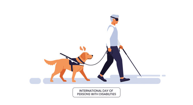 International Day of Persons with Disabilities An illustration of a blind person walking with guide dog and white cane, symbolizing independence, support, and accessibility