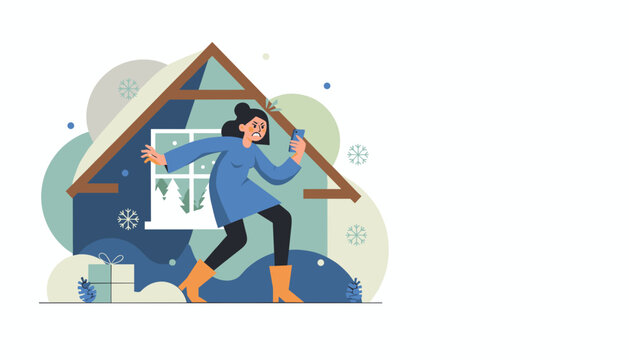 Angry woman struggles with poor phone signal during winter vacation at a cozy house - Powered by Adobe