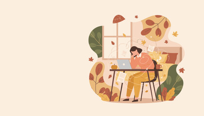 Woman stressed working remotely on laptop at cozy autumn home office desk with swirling tasks and leaves