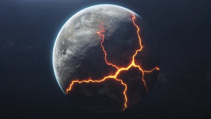 Celestial view of a desolate, rocky planet breaking apart, revealing a fiery molten core in deep space - Powered by Adobe